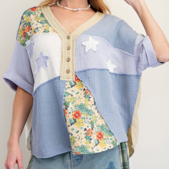 Tops - 178.PATCHWORK COTTON GAUZE MINERAL WASHED TOP